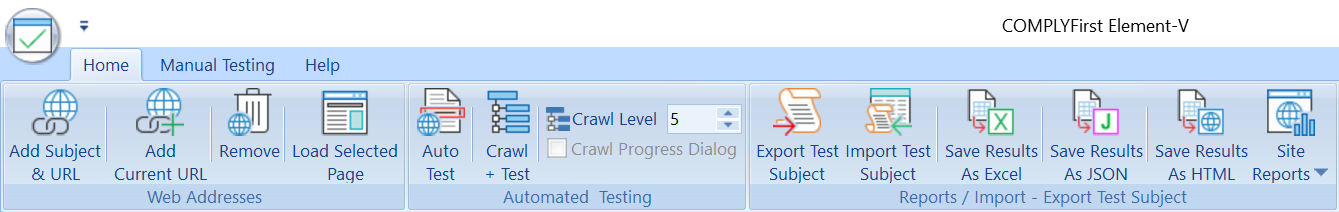 COMPLYFirst Element-V Ribbon Home Tab: showing 'Web Address', 'Automated Testing' and 'Reports / Import-Export Test Subject'